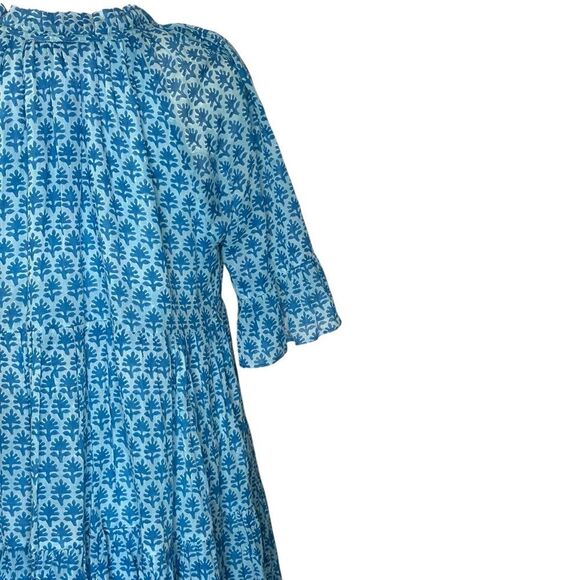 Oliphant Blue Floral Flutter Sleeve Dropped Tiered Mini Dress | L - Picture 5 of 9